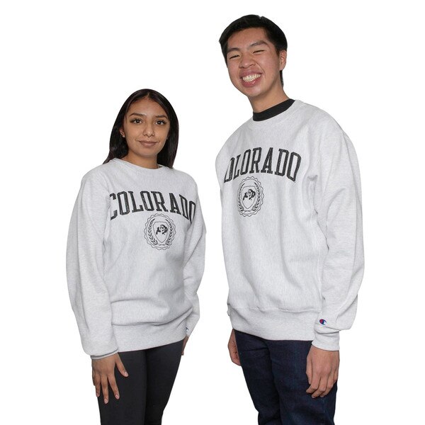 A gray crewneck sweatshirt with arched black Colorado lettering and a University seal underneath.